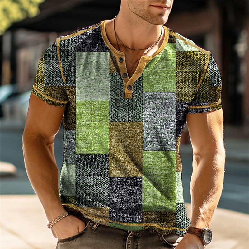 Men's Graphic Color Block Henley Shirt Short Sleeve 3D Print Fashion Designer Comfortable Outdoor Daily Summer Yellow Green Gray Henley Henley T-Shirt2