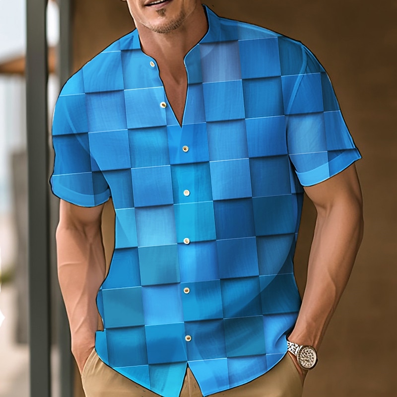Men's Plaid / Check Geometric Pattern Geometry Shirt Button Up Shirt Short Sleeve Fashion Designer Casual Vacation Street Daily Spring & Summer Stand Collar Print Blue-Green Red Blue Orange Green2