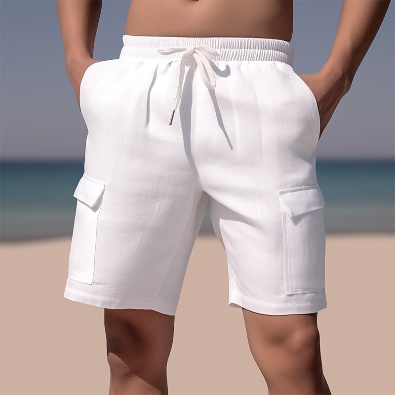 Men's Shorts Linen Shorts Summer Shorts Beach Shorts Drawstring Elastic Waist Multi Pocket Plain Comfort Breathable Short Casual Daily Holiday Fashion Classic Style Azure Black2