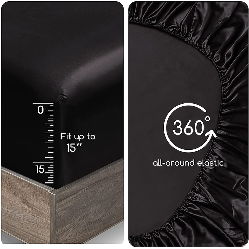 4-Piece Bed Sheets Set Deep Pocket Luxury Silk Satin Cooling Soft Plain Includes 1 Flat Sheet 1 Fitted Sheet 2 Pillowcase Suit3