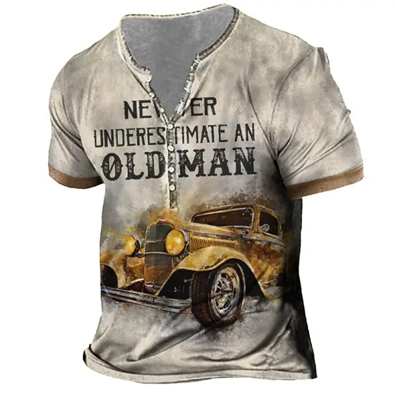 Men's Funny Old Man Henley T-Shirt with Vintage Classic Car Graphic - Never Underestimate Tee
