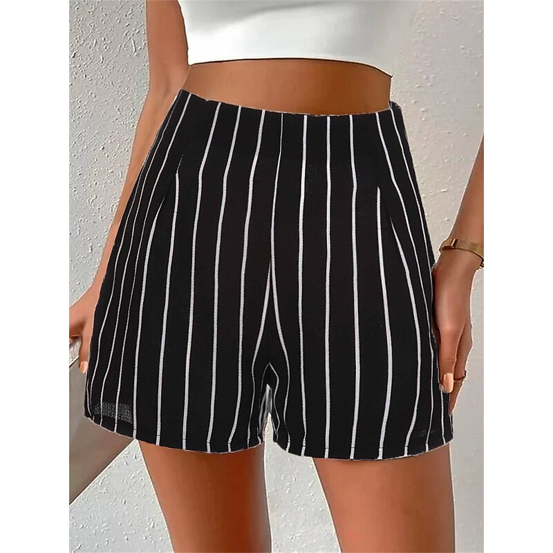 Women's Shorts Streetwear Casual Comfort Short High Waist Stripe Pocket Elastic Waist Print Comfort Breathability Soft Micro-elastic Vacation Casual Daily Weekend Black White Summer Spring2