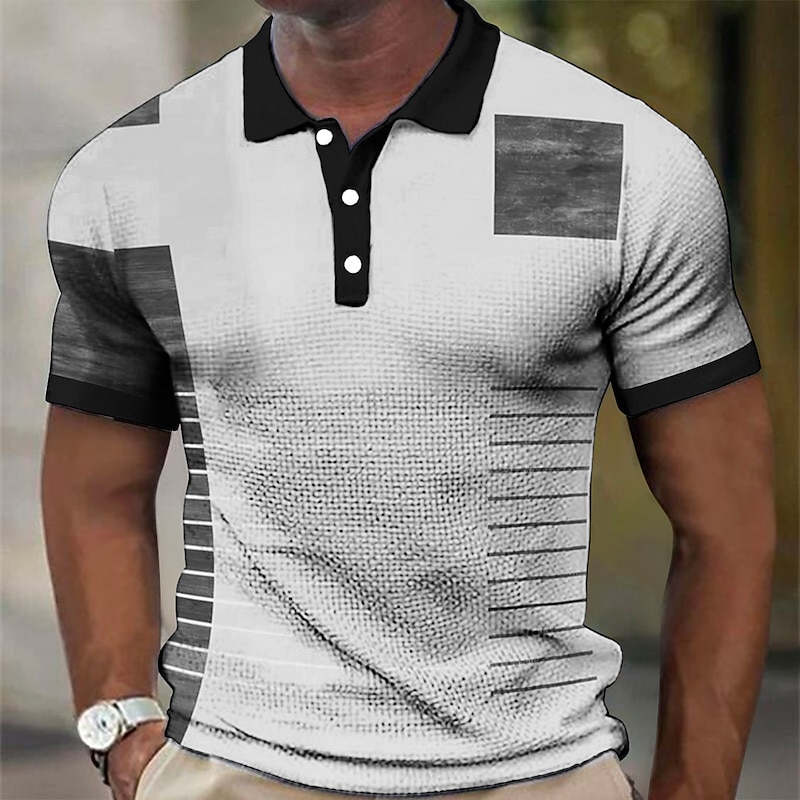 Men's Plaid Waffle Polo Shirts Golf Shirt Short Sleeve Polo Shirts Collared Shirts Vintage Casual Vacation Wear Formal Wear Festival Wear Buttons 3D Print White Yellow Red3