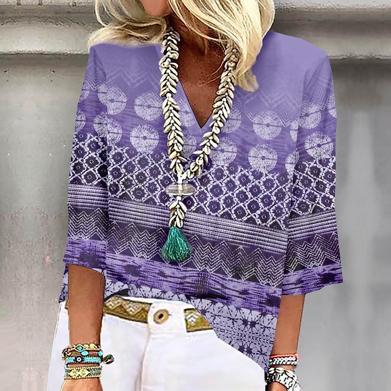 Women's Shirt Button Down Blouse Basic Print 3/4 Length Sleeve Regular Tops V Neck Casual Pink Blue Purple Green Khaki4