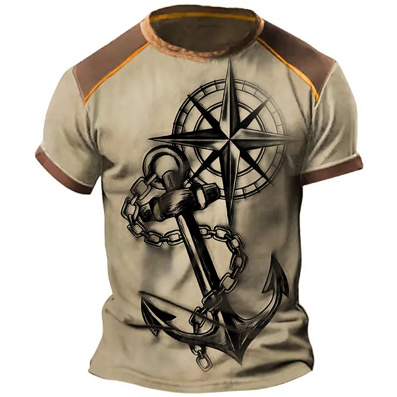 Men's Graphic Nautical Anchor Compass T Shirt Distressed T Shirt Short Sleeve T shirt 3D Print Crew Neck Shirt Vintage Fashion Designer Outdoor Daily Sports Khaki Spring & Summer Clothing Apparel S M