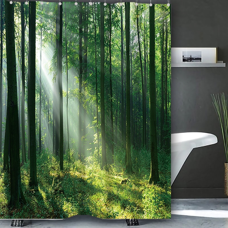 Shower Curtain with 12 Hooks 180cm*180cm(70"*70") Polyester Washable Waterproof Forest Landscape Pattern3