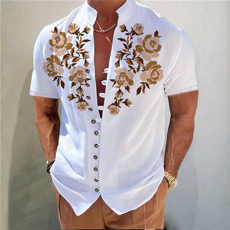 Men's Floral Shirt Button Up Shirt Short Sleeve Fashion Streetwear Designer Vacation Street Daily Summer Spring Stand Collar Print Blue-Green Yellow Blue Purple Green2