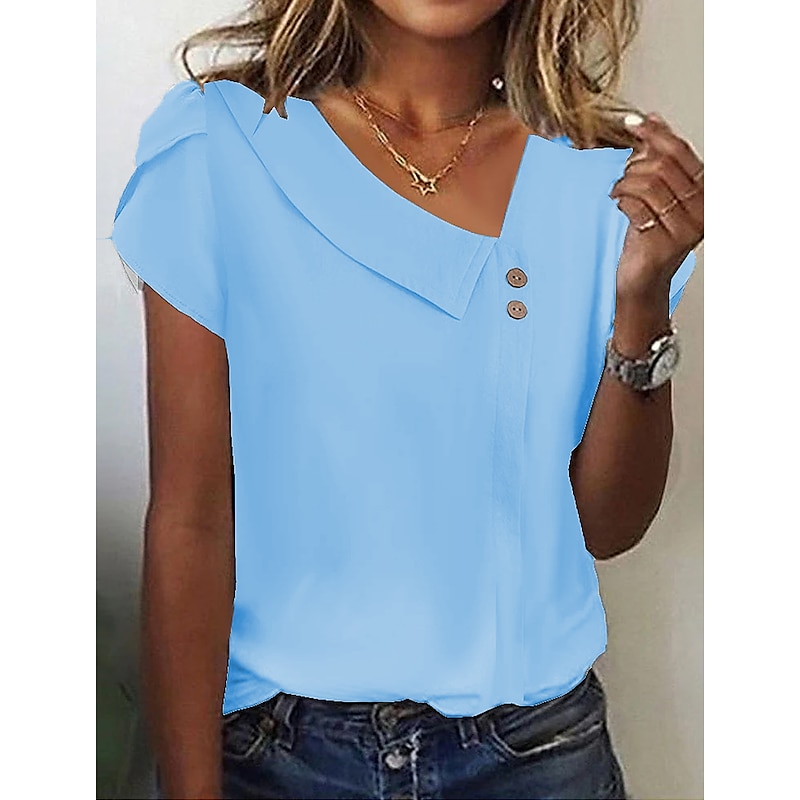 Women's Shirt Blouse Plain Soild Color Daily Basic Ruffle Short Sleeve Asymmetrical Neck White Summer2