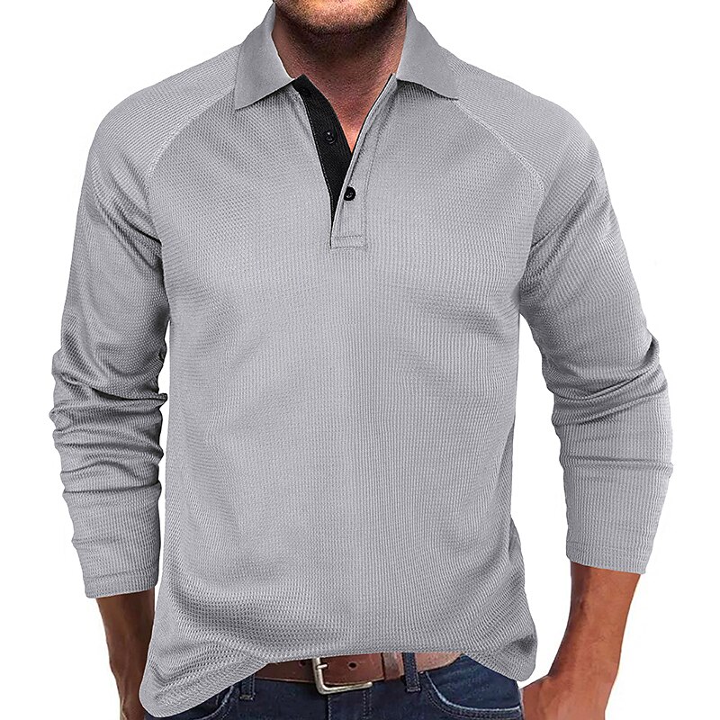 Men's Polo Casual Ribbed Polo Collar Long Sleeve Comfortable Solid / Plain Color Color Block Fall & Winter Regular Fit Dark-Gray Black White Royal Blue Light Grey Army Green Polo2
