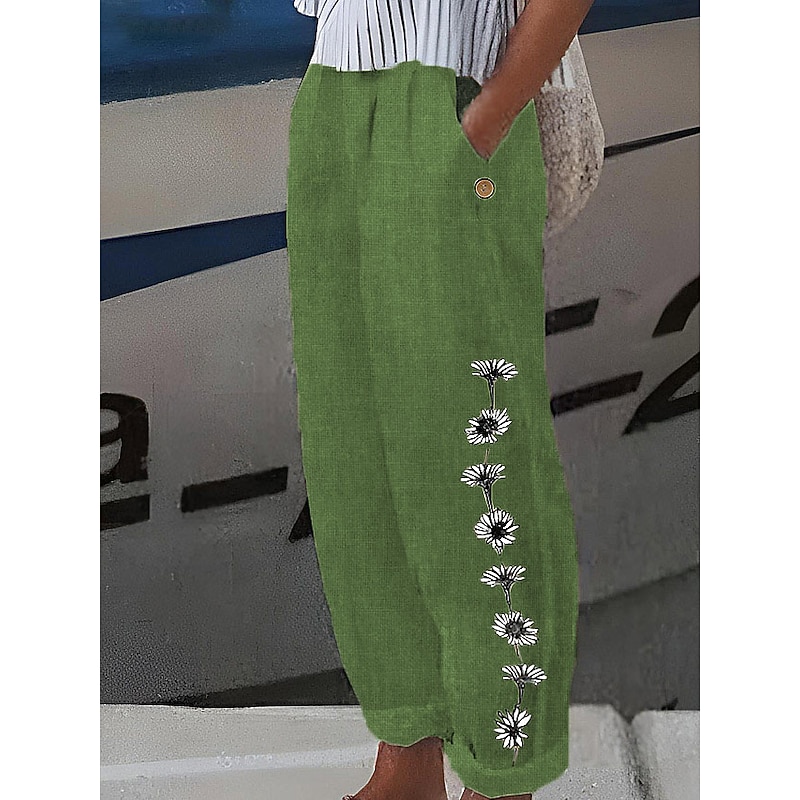 Women's Cotton And Linen Loungewear Pants Nighty Trousers Flower Print Elastic Waist Comfort Home Street Summer Spring Black White Home Outfits3