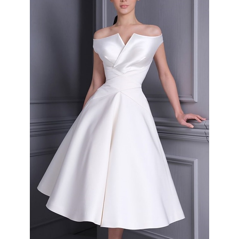 Little White Dress Bridal Shower Dresses Wedding Dresses A-Line Off Shoulder Cap Sleeve Tea Length Satin Bridal Gowns With Pleats Solid Color