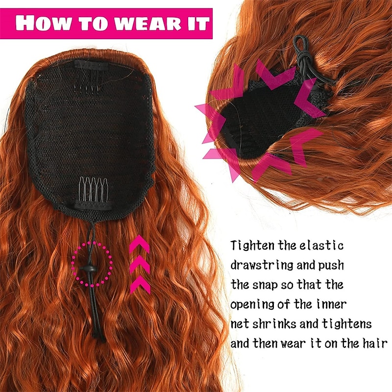 Copper Red Curly Wavy Drawstring Ponytail Extension for Black WomenSynthetic Long Wavy 28inch Curly Ponytail Extension Ginger Orange Ponytail Extension Clip in Wavy Ponytail Extension 30C4