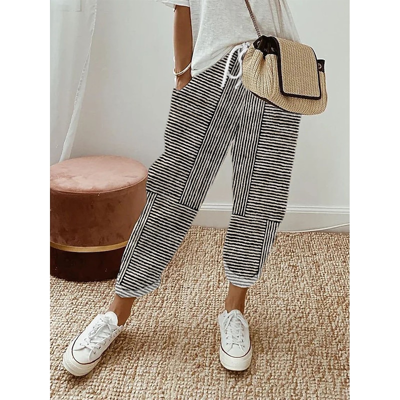 Women's Cotton Linen Pants Baggy Pants Stylish Casual Daily Full Length Natural Striped Lines / Waves Pocket Drawstring Baggy Breathability Comfortable Inelastic Casual Daily Wear White Blue Dark