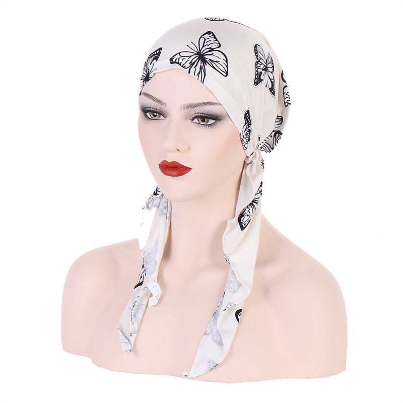 Women Printed Pre-tie Headscarf Elastic Muslim Female Turban Soft Hat Hair Loss Cover Head Wrap Headwear Stretch Bandana4