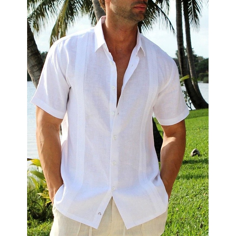 Men's Shirt Linen Shirt Cotton Linen Shirt White Cotton Shirt Guayabera Shirt Summer Shirt Plain Vacation Casual Black White Blue Green Short Sleeve Lapel Summer Clothing Apparel