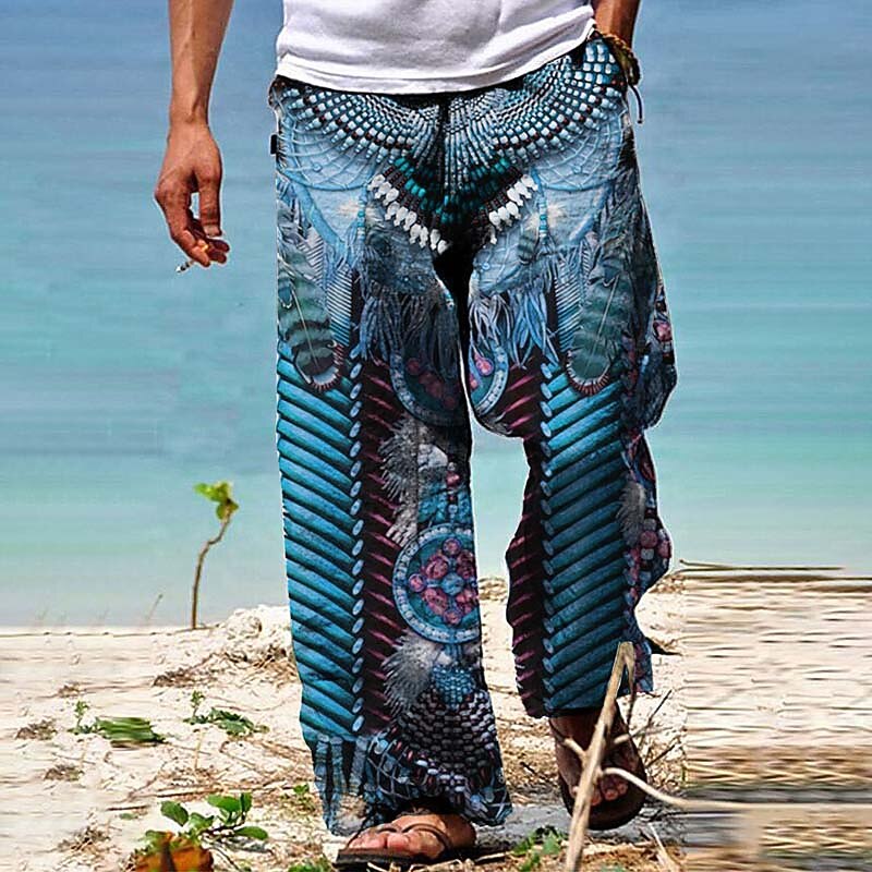Men's Trousers Summer Pants Beach Pants Boho Pants Pocket Drawstring Elastic Waist Graphic Prints Comfort Breathable Casual Daily Holiday Streetwear Designer Navy Blue Blue4