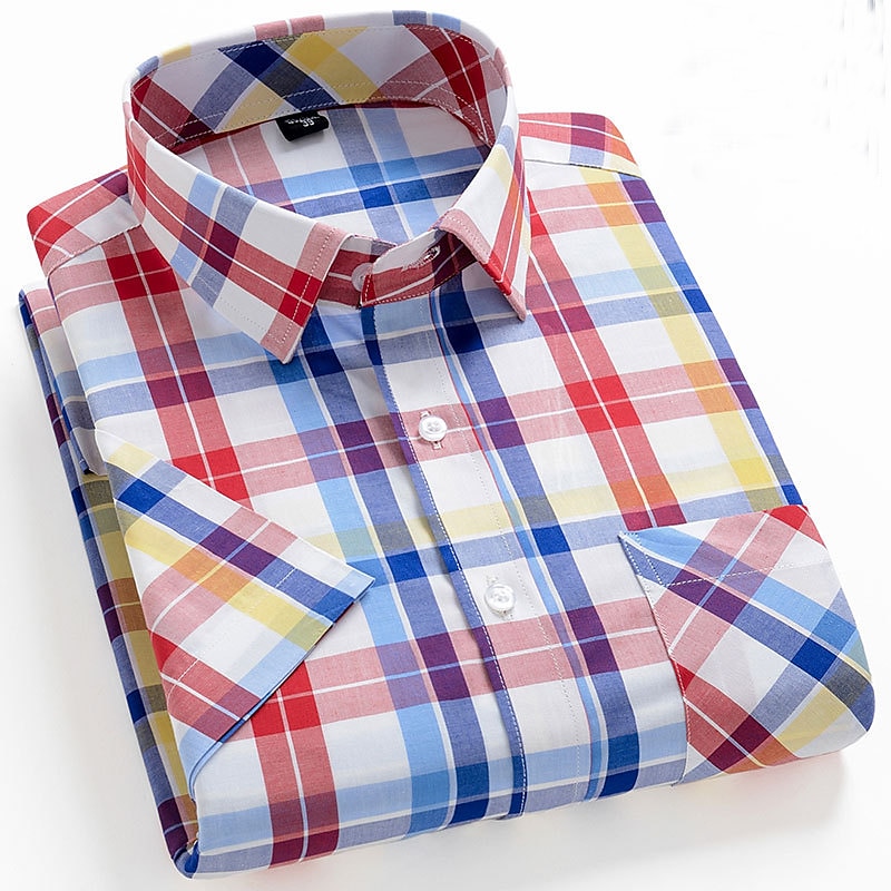 Men's Dress Shirt Stripes and Plaid Office & Career Office Party Light Blue Black Dark Red Yellow Short Sleeve Turndown Spring & Summer Clothing Apparel4