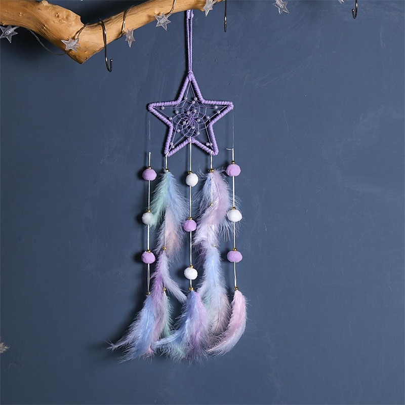 1pc Dream Catcher, Cat Star Moon Pattern Bead Feathers Dream Catcher, Wall Hanging Home Decoration Hanging Ornament For Children's Room4