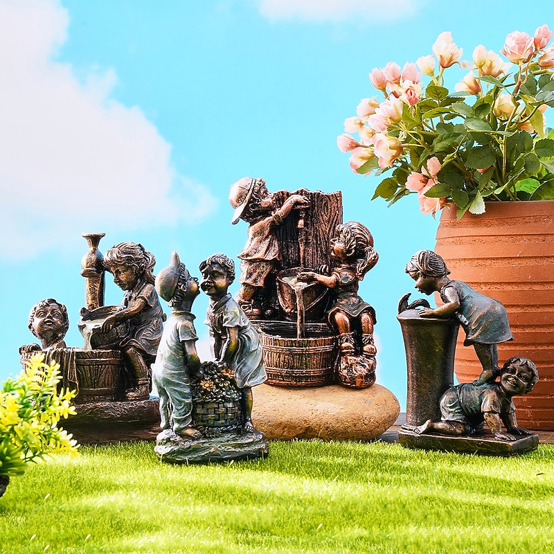 Garden Water Fountain Statue Fluorescent Light at Night Childish Whimsy Antique Bronze Fountain Sculpture Landscaping Decoration for Garden Lawn Patio Balcony Art Decor4