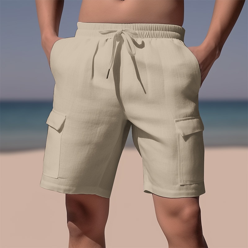 Men's Shorts Linen Shorts Summer Shorts Beach Shorts Drawstring Elastic Waist Multi Pocket Plain Comfort Breathable Short Casual Daily Holiday Fashion Classic Style Azure Black