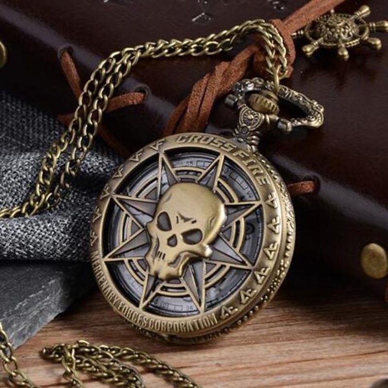 Vintage Bronze Steampunk Quartz Pocket Watch Hollow Carribean Pirate Skull Head Horror with Chain for Men Women Pendant necklace