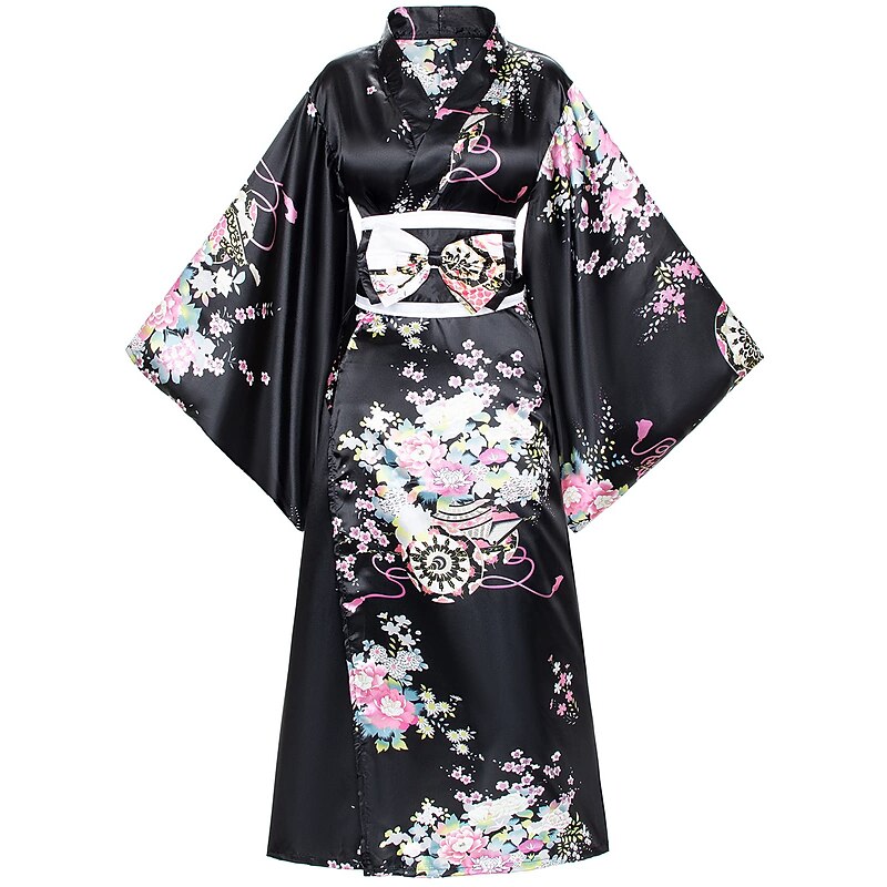 Japanese Anime Women's Kimono Robe Geisha Yukata Sweet Dress Blossom Satin Bathrobe Sleepwear Fans Socks Hair Accessories Purse 5 PCS2