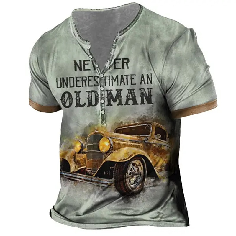 Men's Funny Old Man Henley T-Shirt with Vintage Classic Car Graphic - Never Underestimate Tee4