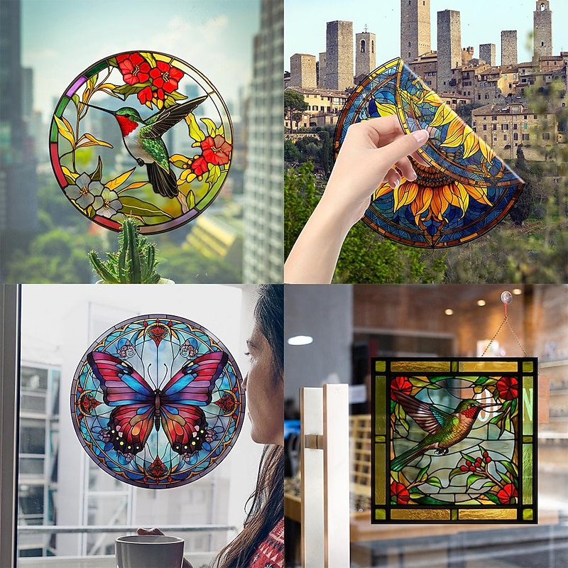 Window Sticker, Home Wall Decor Colorful Hummingbird Stickers Removable Static Decorative Anti-collision Stickers