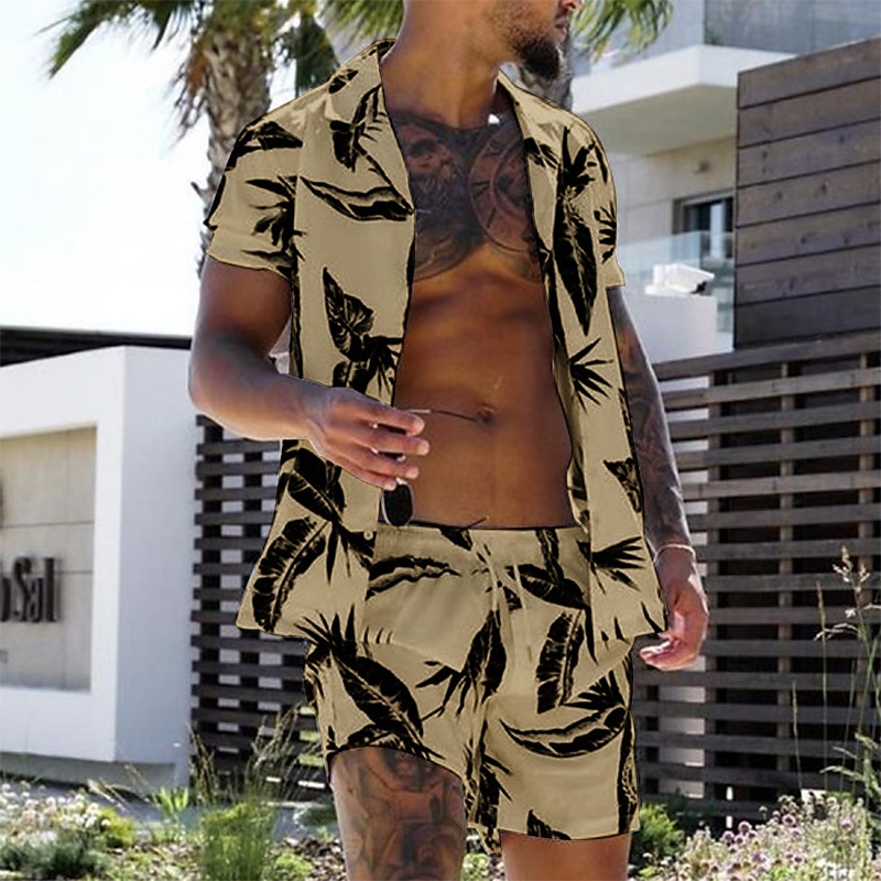 Men's Coconut Tree Tropical Plants 2pcs Shirts Sets Summer Hawaiian Shirt Short Sleeve Short Pants Cuban Collar Tropical Fashion Hawaiian Street Casual Hawaiian Print Summer Spring Green / Black3