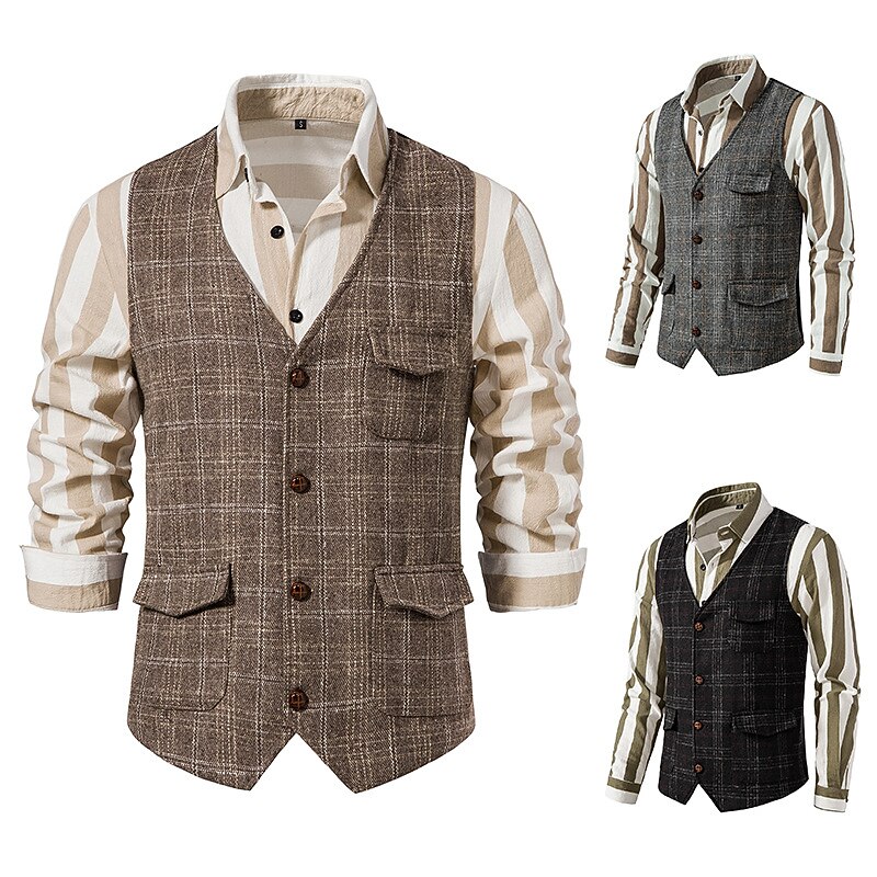 Men's Vest Waistcoat Daily Wear Vacation Going out Vintage British Spring &  Fall Button Polyester Comfortable Plaid Single Breasted Lapel Regular Fit Grey Black khaki Vest