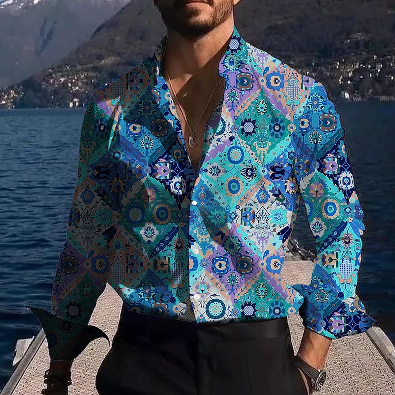 Men's Color Block Tribal Vintage Shirt Boho Shirt Button Up Shirt Long Sleeve Fashion Streetwear Designer Outdoor Casual Daily Fall & Winter Turndown Print Yellow Blue2