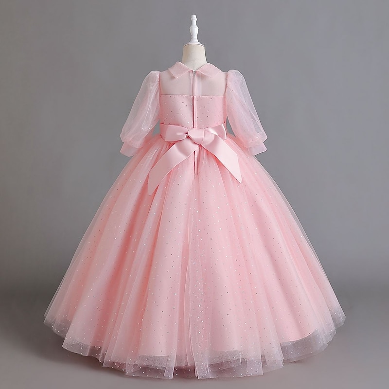 Kids Girls' Flower Girl Dress Party Dress Solid Color Half Sleeve Performance Wedding Party Sequins Elegant Sweet Polyester Maxi Tulle Dress Summer Spring 3-12 Years Champagne Pink3