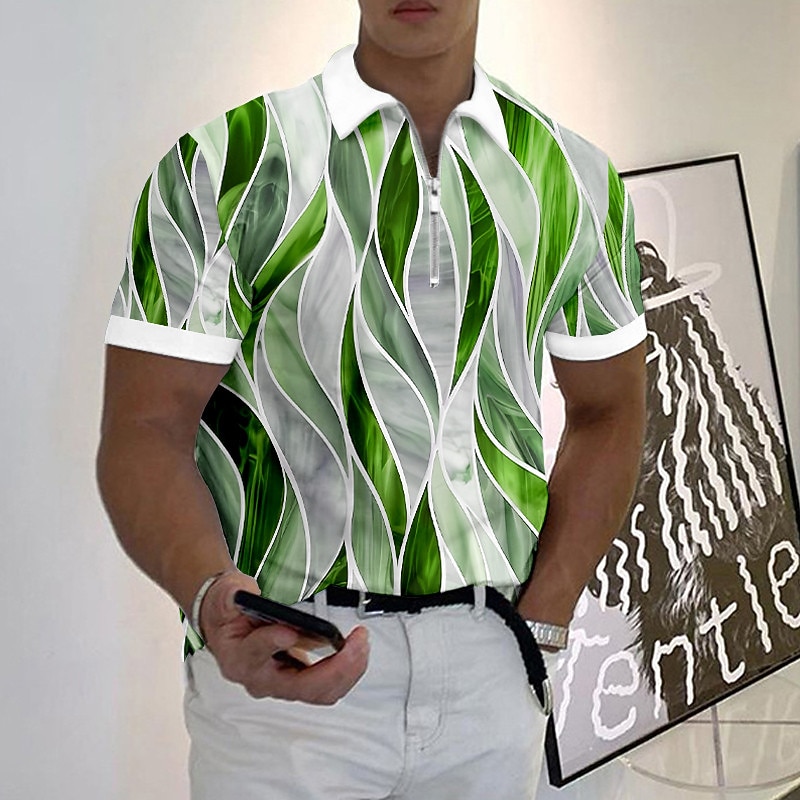 Men's Geometric Zip Polo Shirts Golf Shirt Short Sleeve Polo Shirts Collared Shirts Business Casual Vacation Wear Formal Wear Festival Wear 3D Print Quarter Zip Polo Blue-Green Yellow Red3