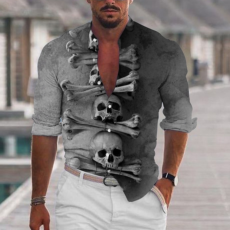 Men's Shirt Graphic Shirt Skull Stand Collar Black White+Black White Light Grey Gray 3D Print Outdoor Halloween Long Sleeve Print Button-Down Clothing Apparel Fashion Designer Casual Comfortable4