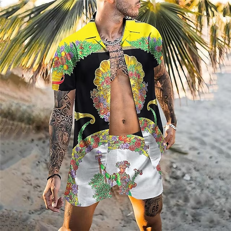 Men's Coconut Tree Tropical Plants 2pcs Shirts Sets Summer Hawaiian Shirt Short Sleeve Short Pants Cuban Collar Tropical Fashion Hawaiian Street Casual Hawaiian Print Summer Spring Green / Black2