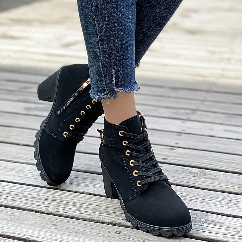 Women's Black Chunky Heel Ankle Boots with Lace-Up Design - Trendy and Comfortable, Ideal for Casual Wear, Parties, and Night Outs2