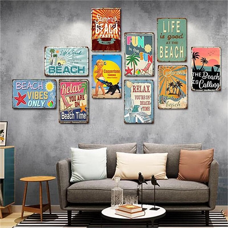1pc Beach Metal Tin Sign Summer Beach Tin Sign Vintage Beach Signs Wall Decor, Painting Wall Hanging For Beer Bar Decor Home Decor Wall Art Metal Tin Sign 20x30cm/8''x12''2