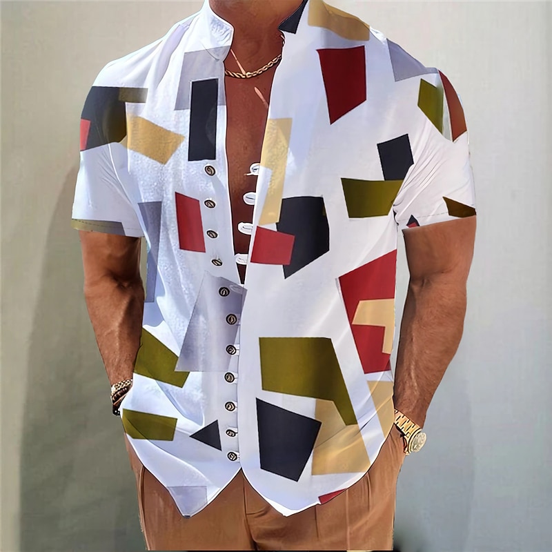 Men's Geometric Pattern Geometry Graffiti Shirt Button Up Shirt Short Sleeve Fashion Streetwear Designer Outdoor Vacation Daily Summer Spring Stand Collar Print White+Red White & Blue White Yellow