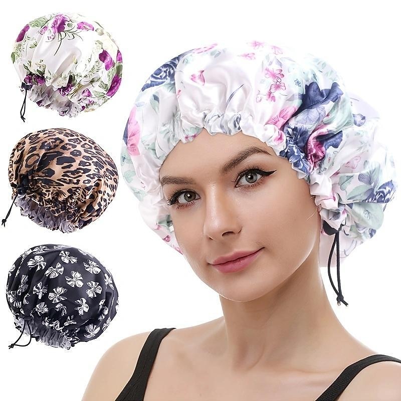 Leopard Print Silk Shower Cap, Double Waterproof Layers Shower Cap, Reusable EVA Hair Caps For Hair Protection, Seven Colors Available, For Men And Women Daily Bath Care