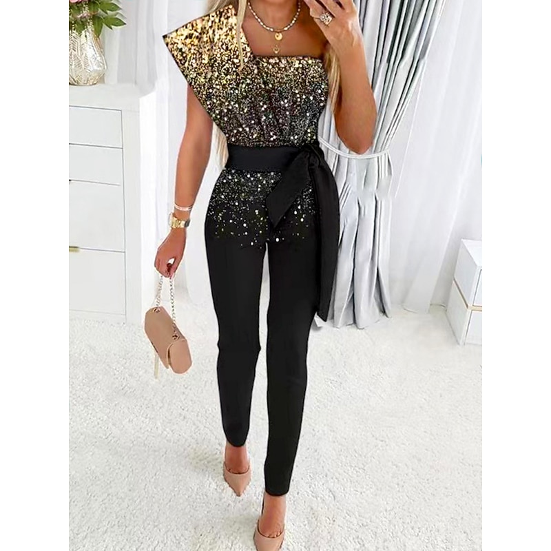 Women's Jumpsuit Print Gradient One Shoulder Streetwear Wedding Party Disco Regular Fit Short Sleeve Gold S M L Summer