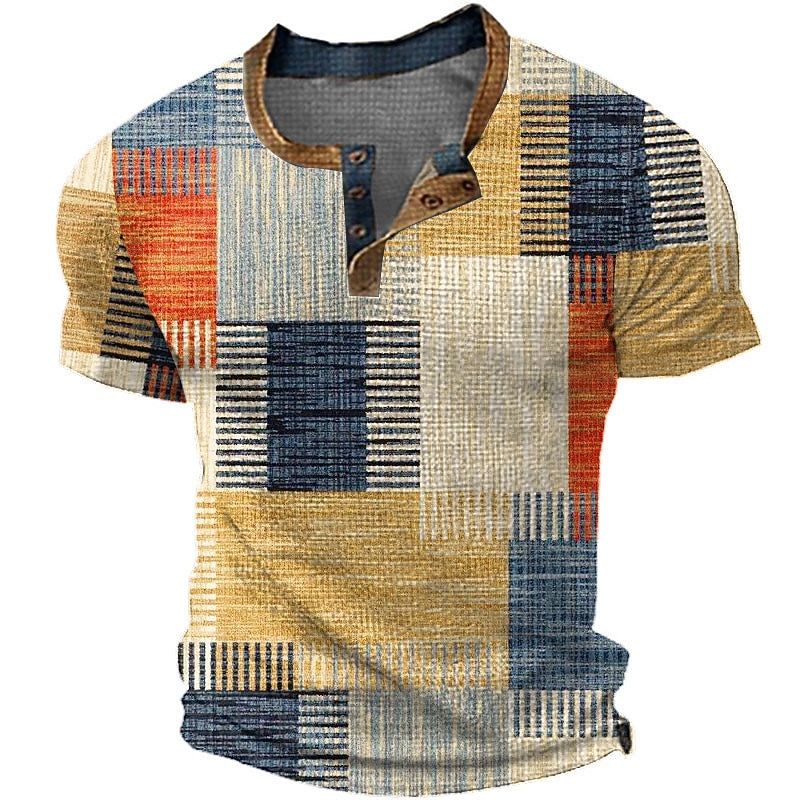 Men's Graphic Plaid / Check Waffle Henley Shirt Short Sleeve 3D Print Fashion Designer Basic Outdoor Daily Summer Yellow Blue Green Gray Henley Henley T-Shirt