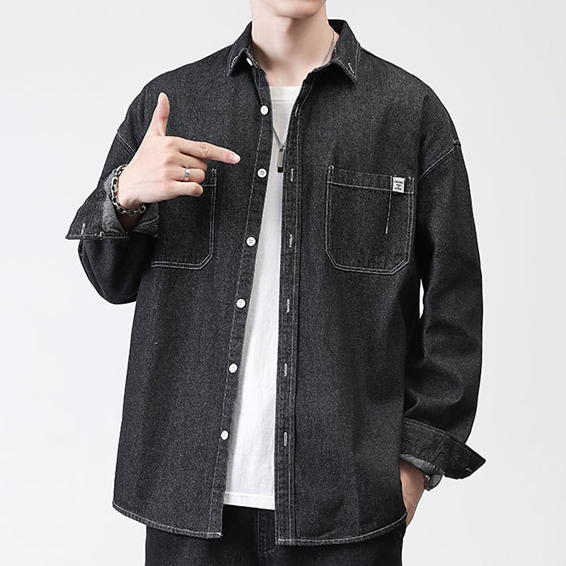 Men's Shirt Jacket Overshirt Denim Shirt Plain Outdoor Daily Black Blue Dark Blue Long Sleeve Lapel Spring &  Fall Clothing Apparel Pocket3