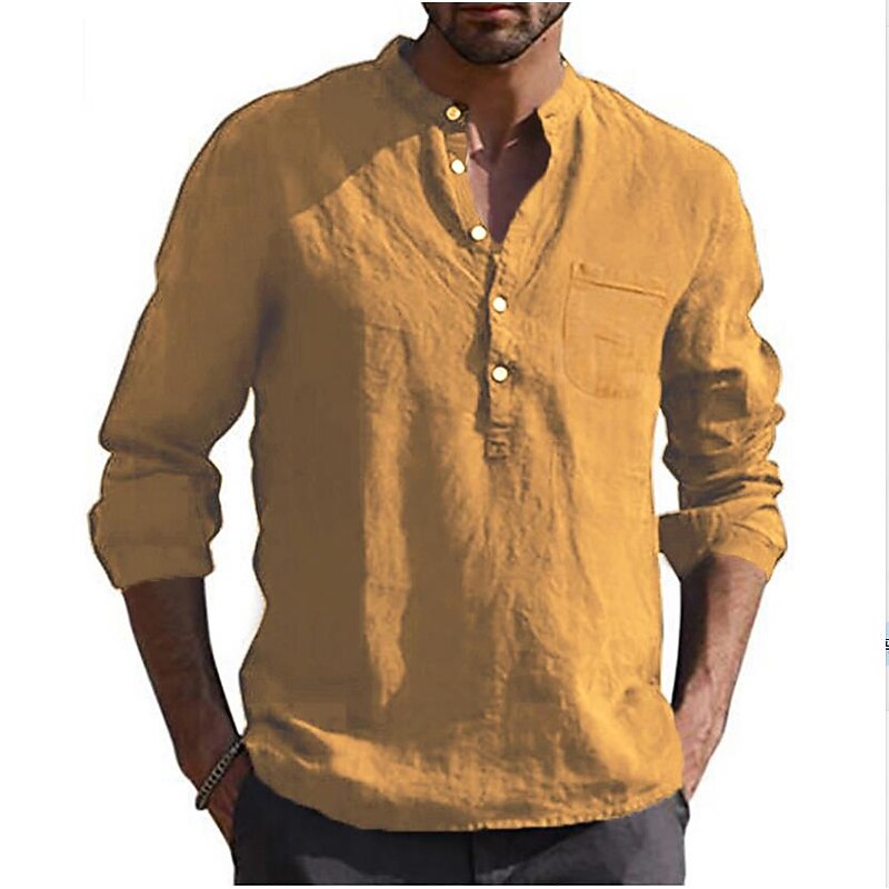 Men's Linen Shirt Band Collar Shirt Summer Shirt Beach Wear Solid Color Daily Hawaiian Black White Wine Navy Blue Long Sleeve Henley Spring & Fall Clothing Apparel Collared Shirts 12