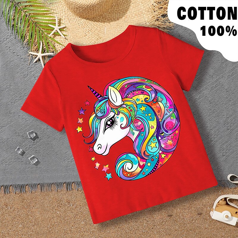 Girls' 3D Graphic Rainbow Unicorn T shirt Tee Short Sleeve 3D Print Summer Spring Active Fashion Cute 100% Cotton Kids 3-12 Years Outdoor Casual Daily Regular Fit2