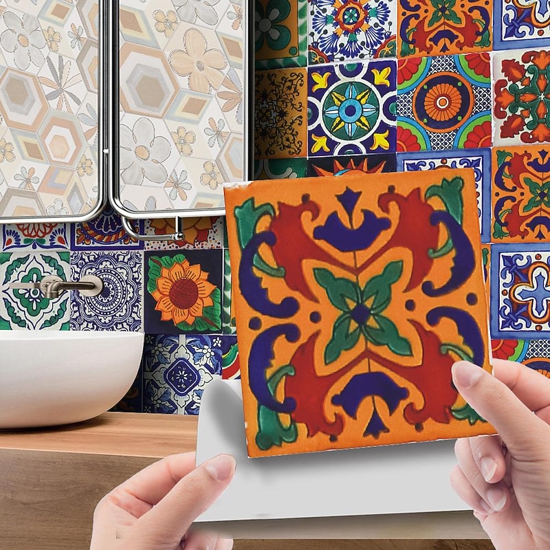 Cool Wallpapers Wall Mural 24Pcs Mandala Style Tiles Tickers Wall Decals Mosaic Tile Stickers Retro Wall Stickers Waterproof And Removable3