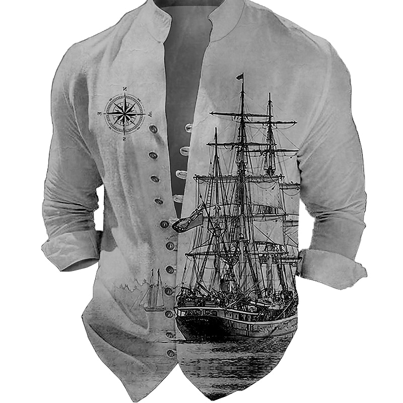 Men's Nautical Vintage Shirt Button Up Shirt Long Sleeve Vintage Fashion Streetwear Outdoor Casual Daily Summer Spring Fall Stand Collar Print Blue-Green Black Blue Green Khaki