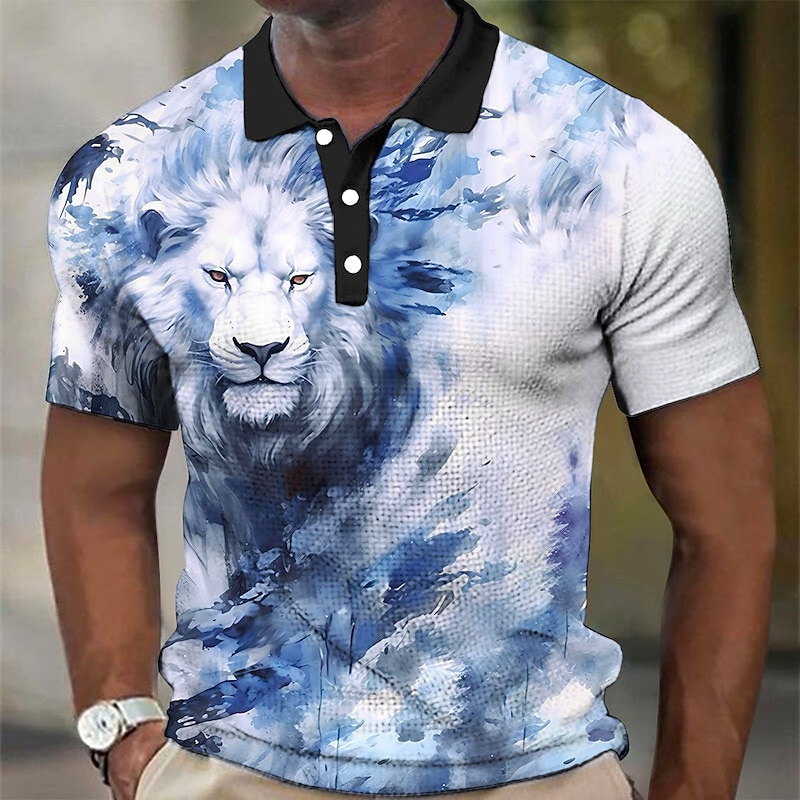 Men's Lion Waffle Polo Shirts Golf Shirt Short Sleeve Polo Shirts Collared Shirts Casual Funny Streetwear Vacation Wear Party Outfits Buttons 3D Print Yellow Red Blue