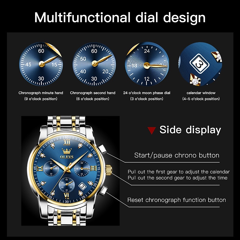 OLEVS Quartz Watch for Men Chronograph Luminous Luxury Wristwatch Large Dial Calendar Day Date Metal Stainless Steel Waterproof Wrist Watch Fashion Stylish Business Classic Christmas Gift2