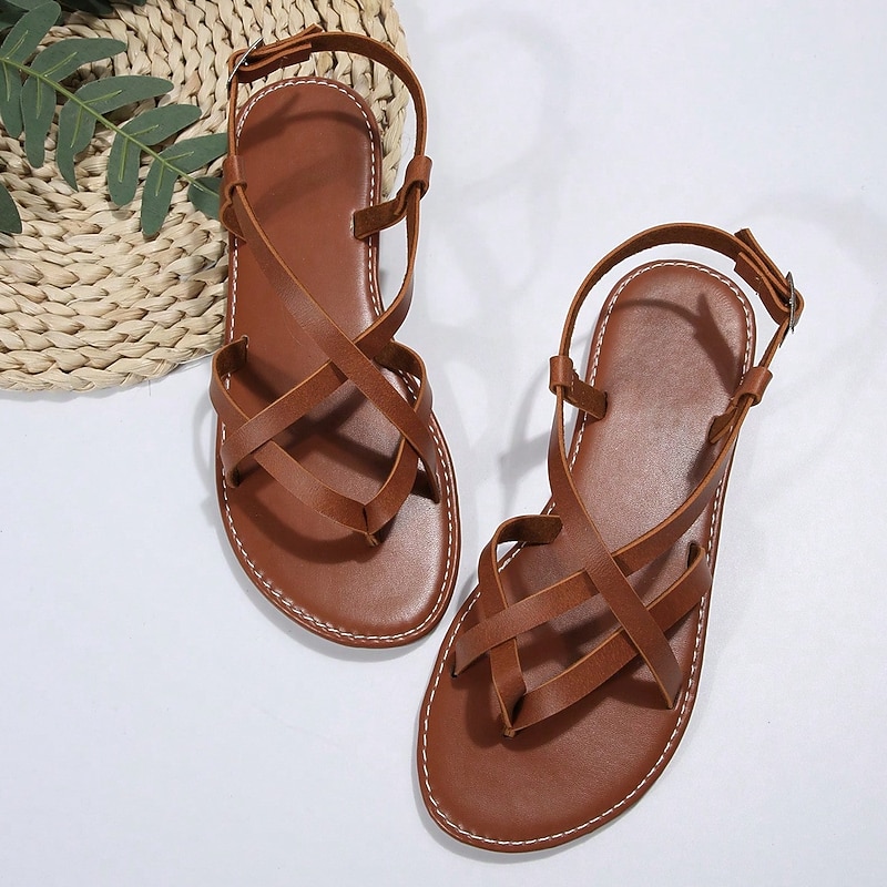 Women's Brown Strappy Flat Sandals with Cross-Band Design – Comfortable and Stylish Summer Shoes for Casual Outings and Beachwear4