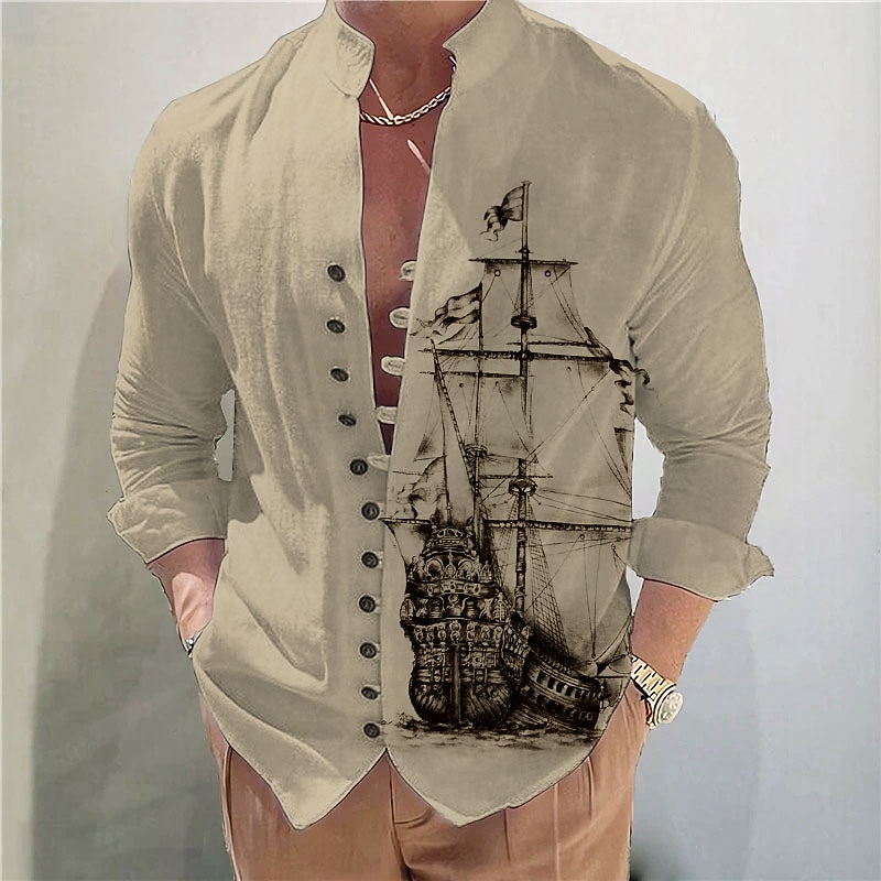 Men's Nautical Vintage Sailboat Shirt Button Up Shirt Long Sleeve Fashion Streetwear Designer Outdoor Casual Daily Summer Spring Fall Stand Collar Print Blue Brown Khaki Gray4